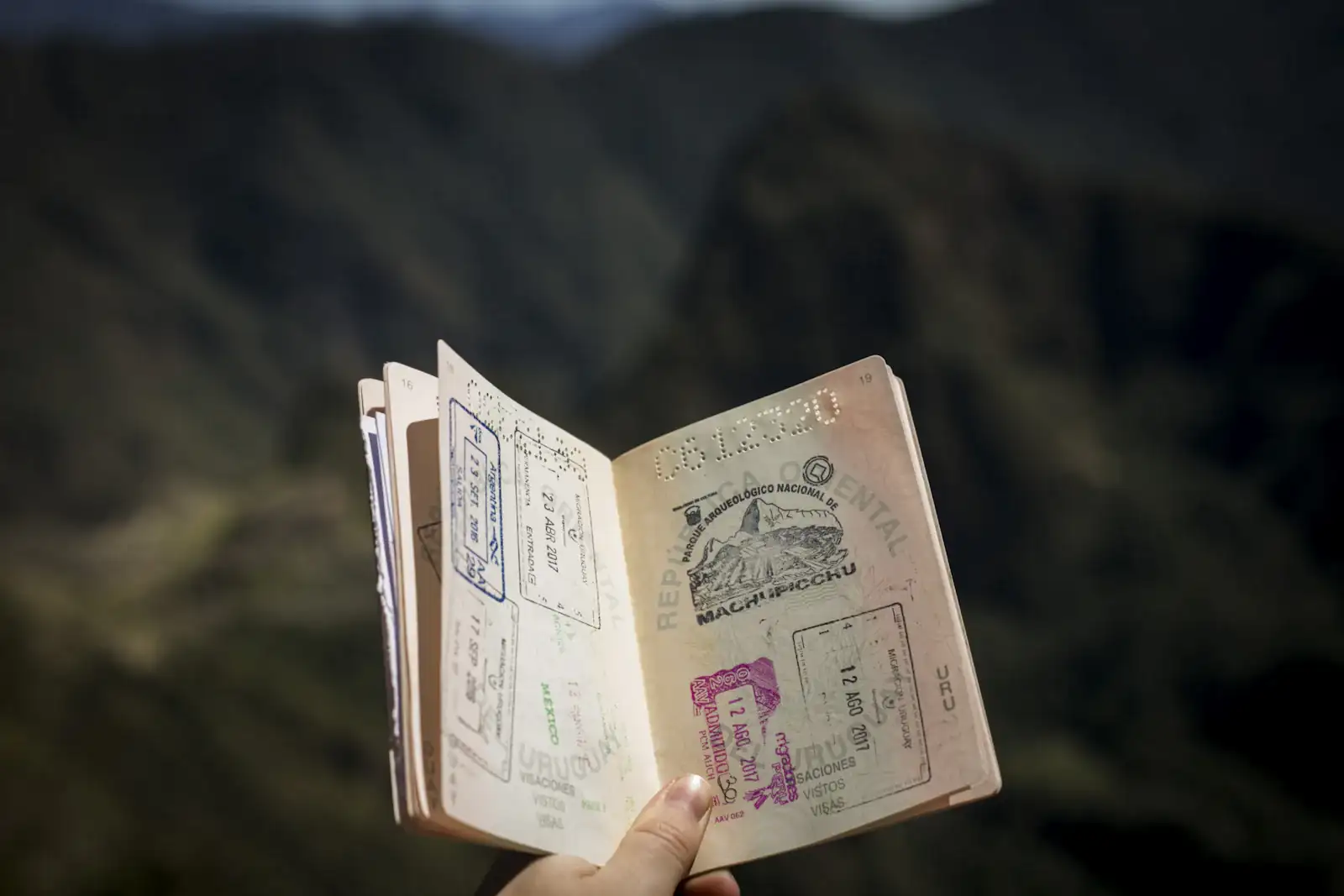 Open passport held in hand