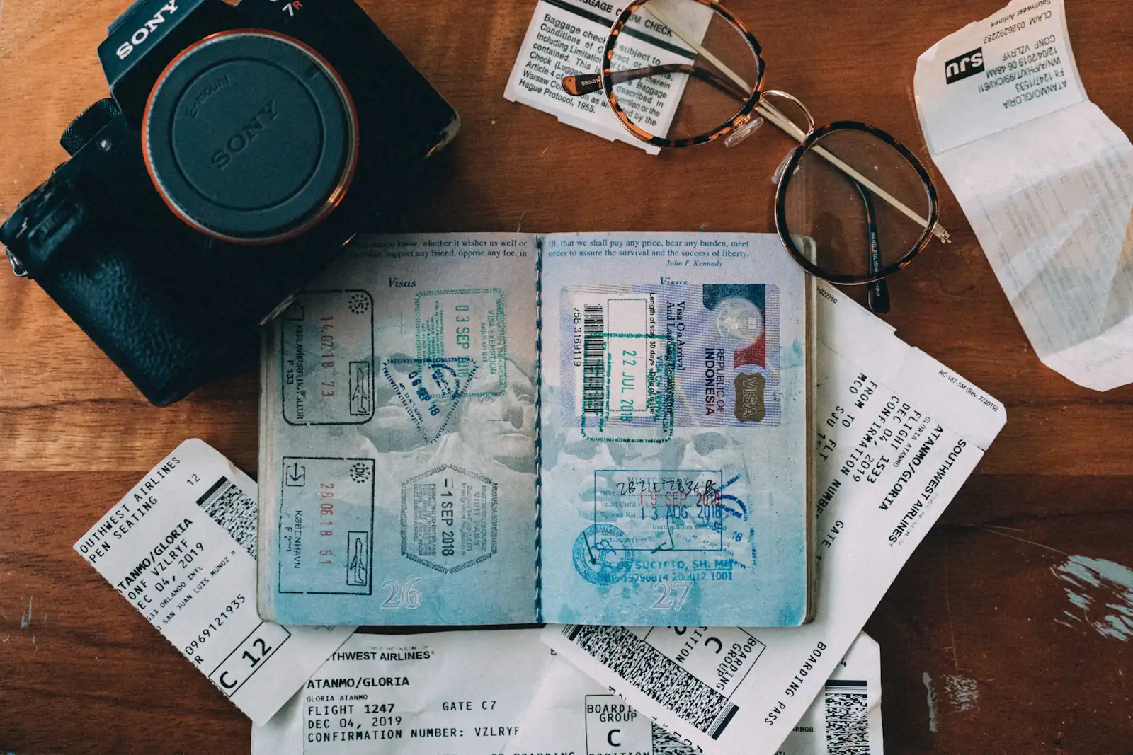 Passports with a camera and glasses on a table