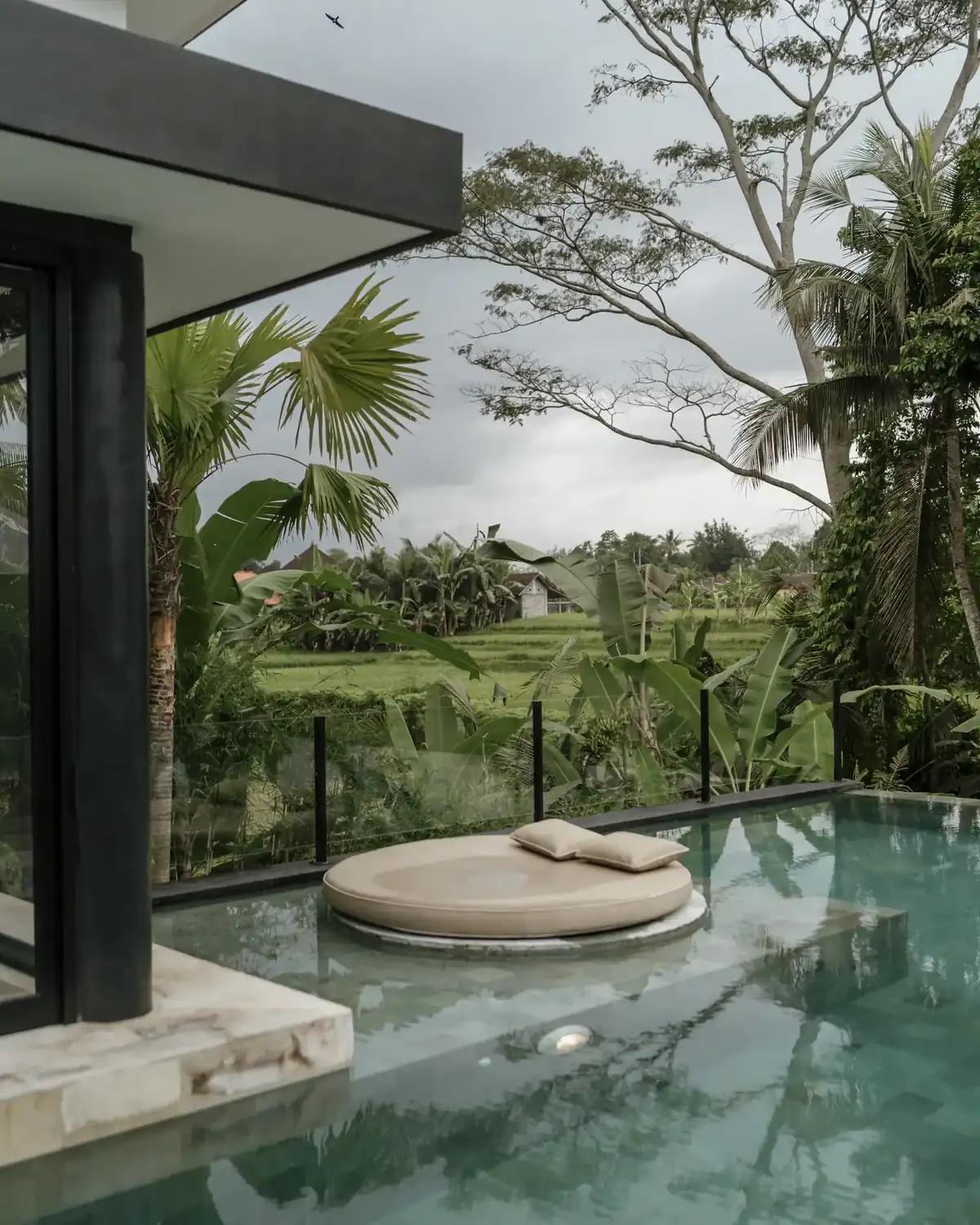 Infinity pool facing rice fields