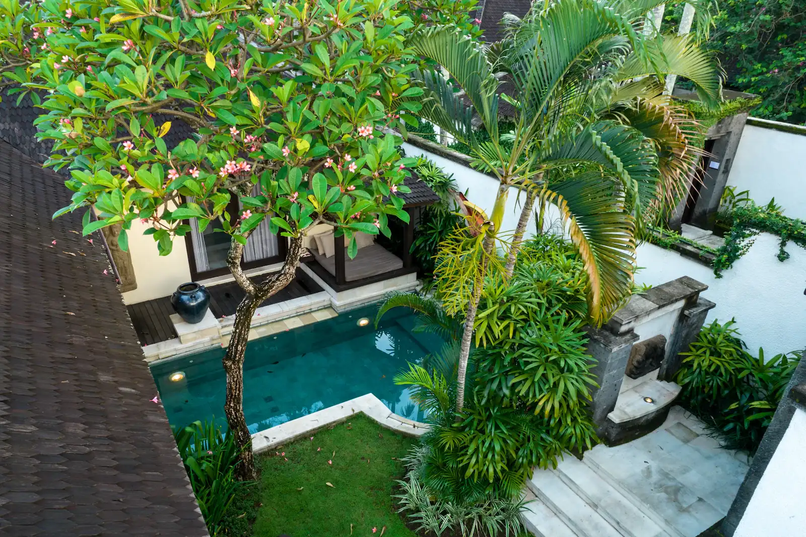 Aerial view of a garden pool