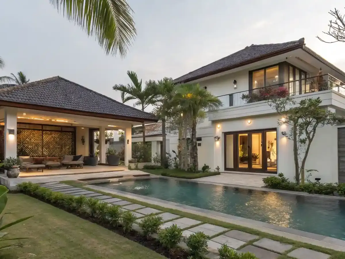 Balinese long-term villa with open living pavilion, level garden path and private pool
